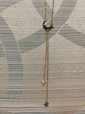 Genuine Swarovski Gold Moon with Blue and White Crystal Star Lariat Necklace